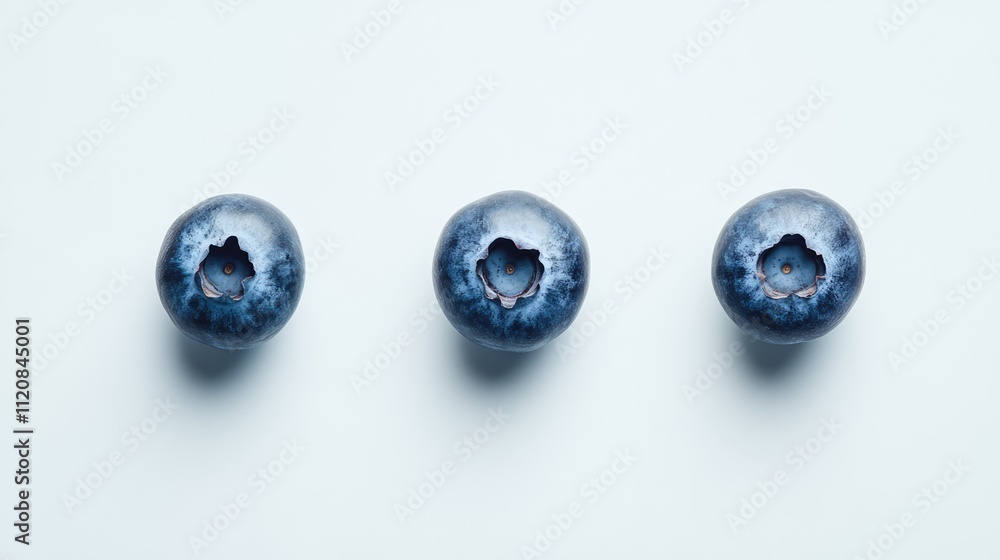 Poster fresh ripe blueberries arranged in a row on a white background showcasing their vibrant color and na