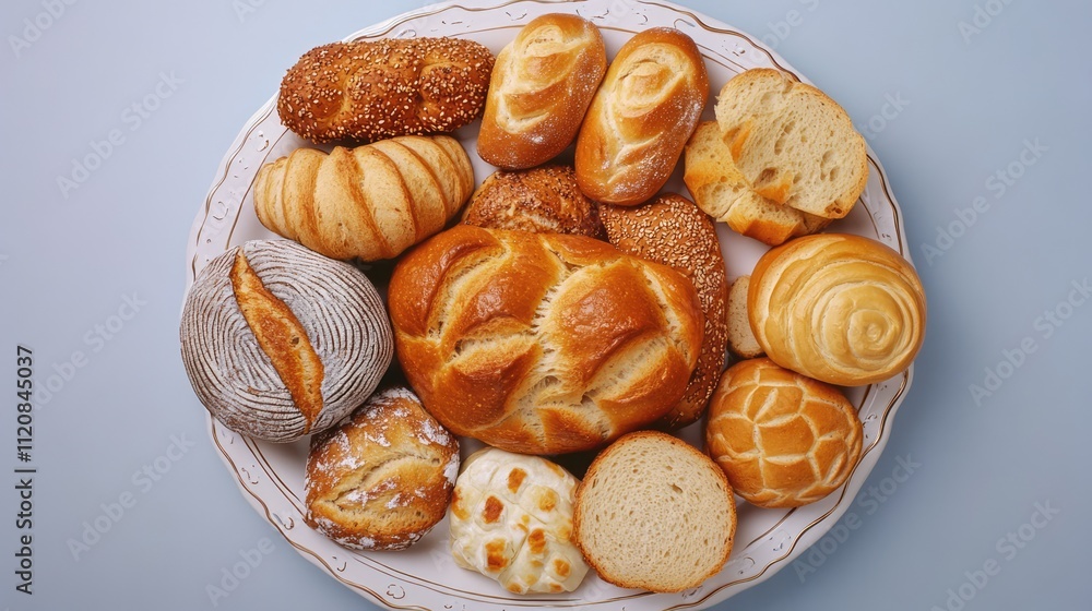 Aufkleber Assorted Fresh Breads Displayed on a Decorative Plate in Overhead View