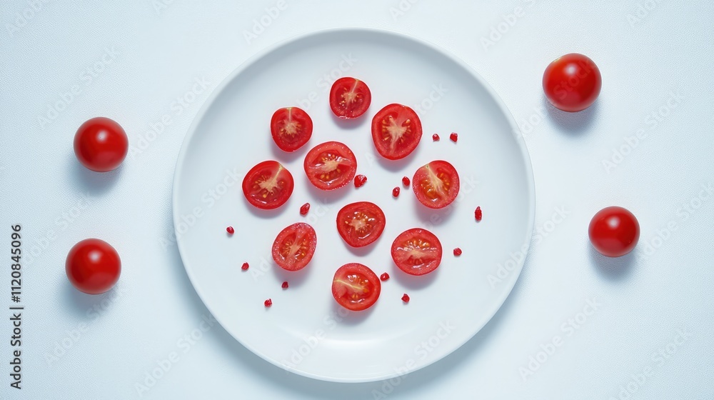 Poster slices of fresh red tomatoes arranged artfully on a white plate with whole tomatoes scattered around