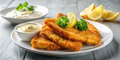Crispy fried fish fillets with tartar sauce and lemon wedge on a white plate, fried fish, crispy, fillet, tartar sauce, lemon wedge