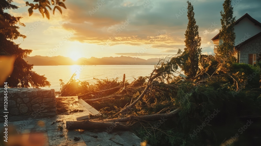 Poster industrial scene of a pile of chopped trees by the lakeside during sunset with mountains in the back