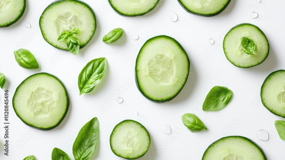 Poster fresh cucumber slices and basil leaves arranged on a white background creating a vibrant and healthy
