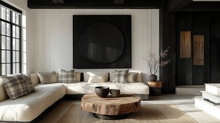 A rustic-modern farmhouse living room featuring dark wooden beams, white shiplap walls, neutral-toned seating with plaid throw pillows, a jute rug,