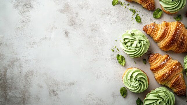 Gourmet croissants and mint green icing pastries arranged on a light gray backdrop in an elegant aerial view composition.