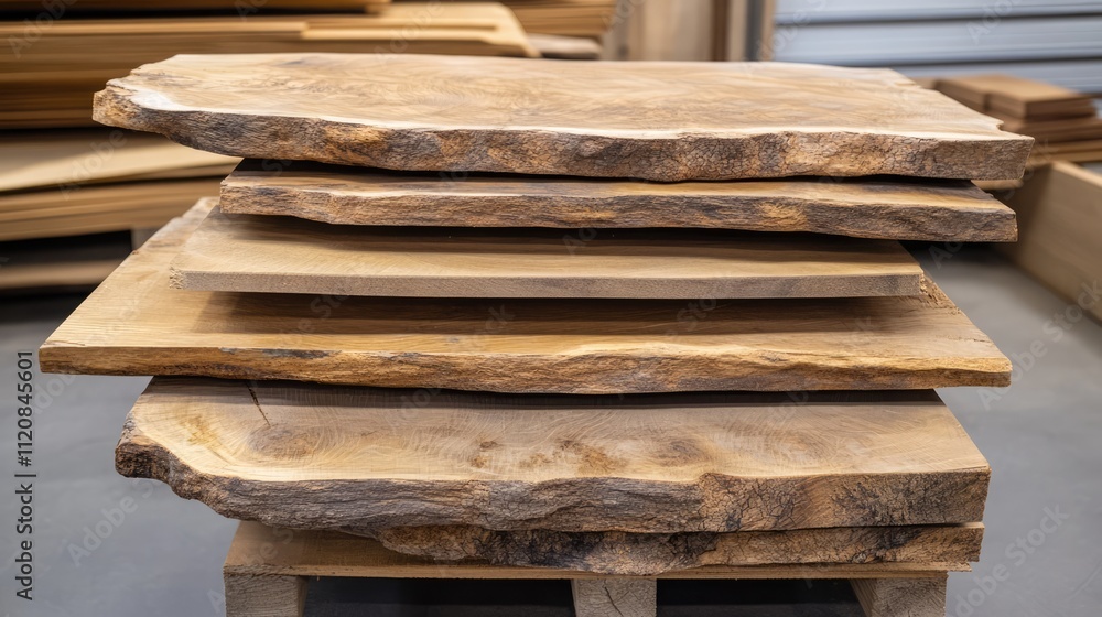 Aufkleber Stack of natural wooden lumber boards showcasing unique textures and edges in a workshop environment for woodworking projects and design.