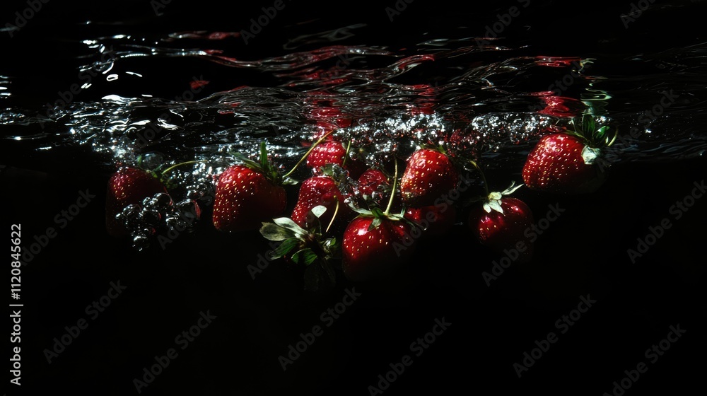 Poster strawberries splashing into water creating dynamic bubbles and reflections in a dark environment.