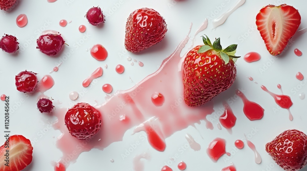 Poster fresh strawberries and raspberries with juice droplets on white background creating a vibrant and ap