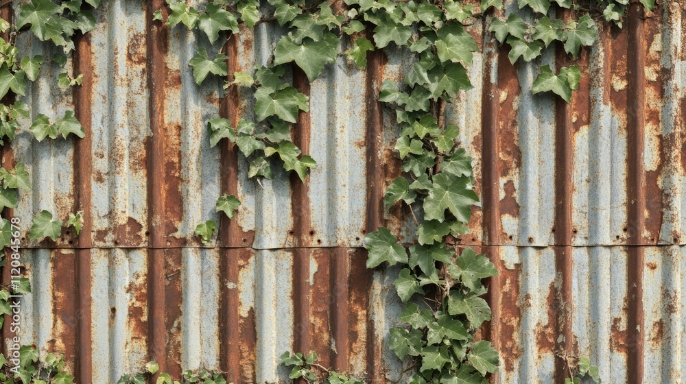 Poster rusty corrugated metal surface overgrown with ivy showcasing a blend of nature and decay in a grunge