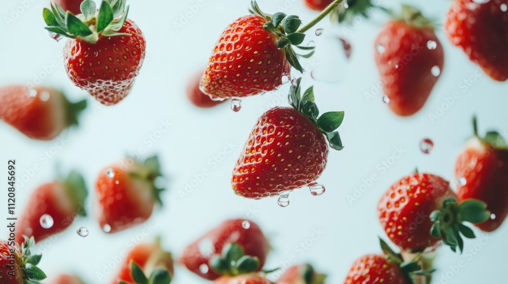 Poster juicy strawberries splashing against a light backdrop showcasing freshness and vibrant colors in a d