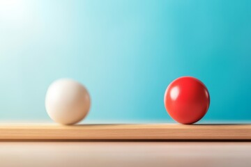 Two colored balls, one white and one red, rest on a wooden surface with a soft gradient background, highlighting simplicity and contrast.