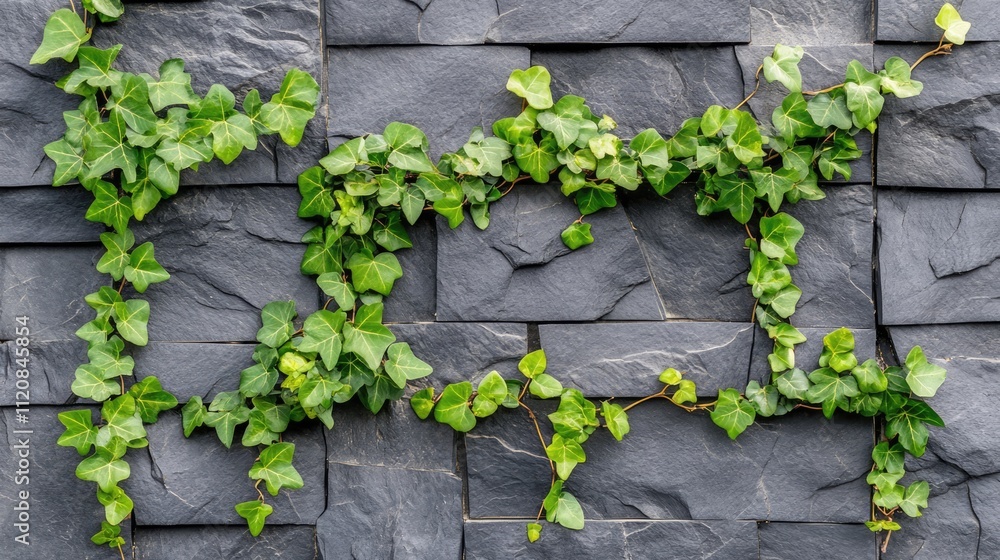 Sticker Gray stone wall adorned with vibrant green vines creating a natural decorative element in a close-up background setting.