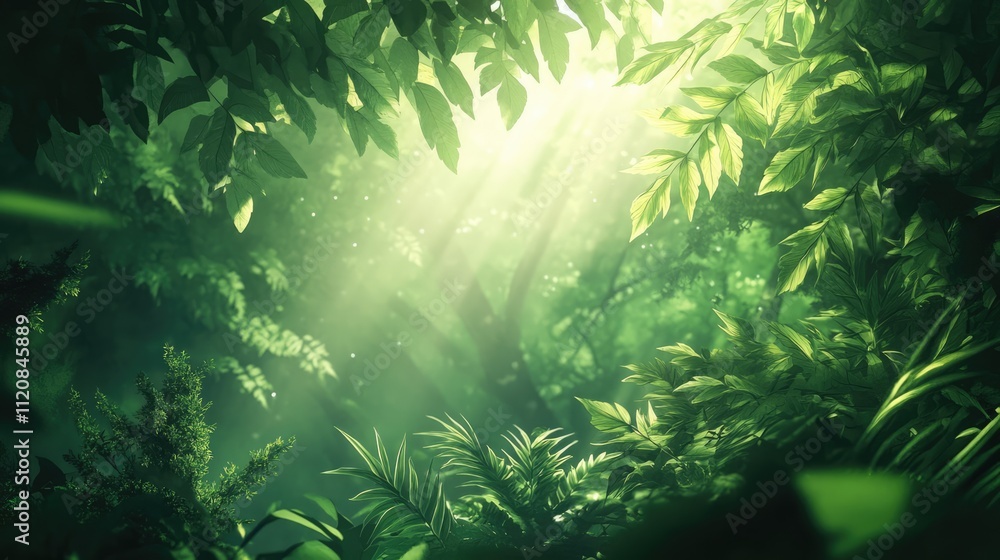 Poster lush green leaves illuminated by sunlight creating a serene atmosphere in a vibrant forest scene