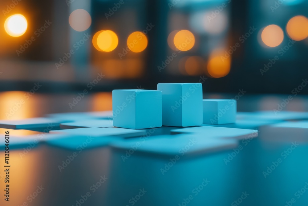 Poster a close-up of blue geometric blocks on a surface, surrounded by soft bokeh lights, creating a modern