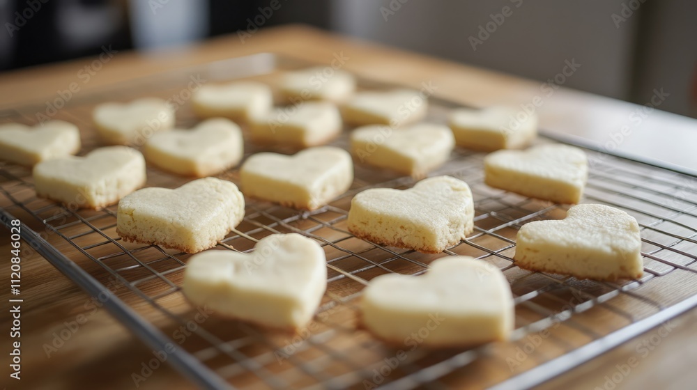 Aufkleber heart shaped cookies cooling on wire rack against rustic wooden background