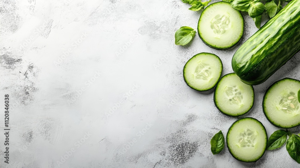 Poster fresh whole and sliced cucumbers arranged with basil leaves on a light textured background for healt