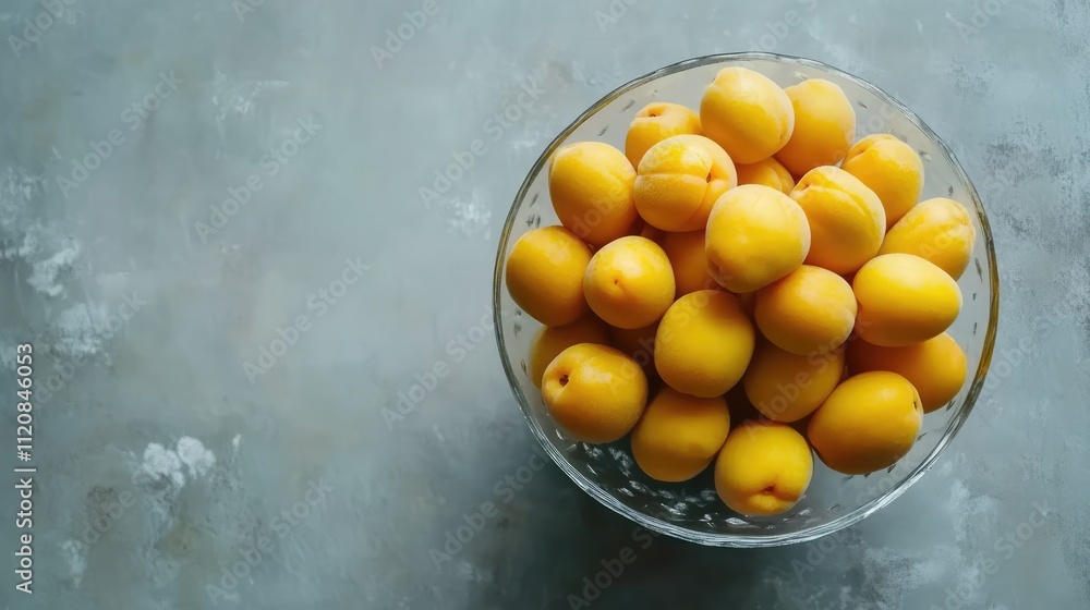 Poster yellow apricots in a glass bowl on gray background with ample copy space for abstract fruit display 