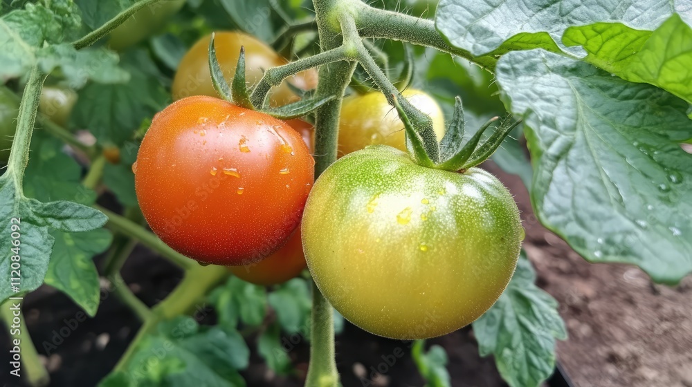 Poster growing tomatoes in high beds with drip irrigation inside a greenhouse showcasing ripe and developin