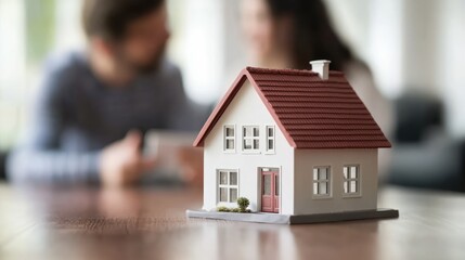 Couple discussing home purchase agreement with real estate broker while evaluating mortgage options and rental agreements in modern setting