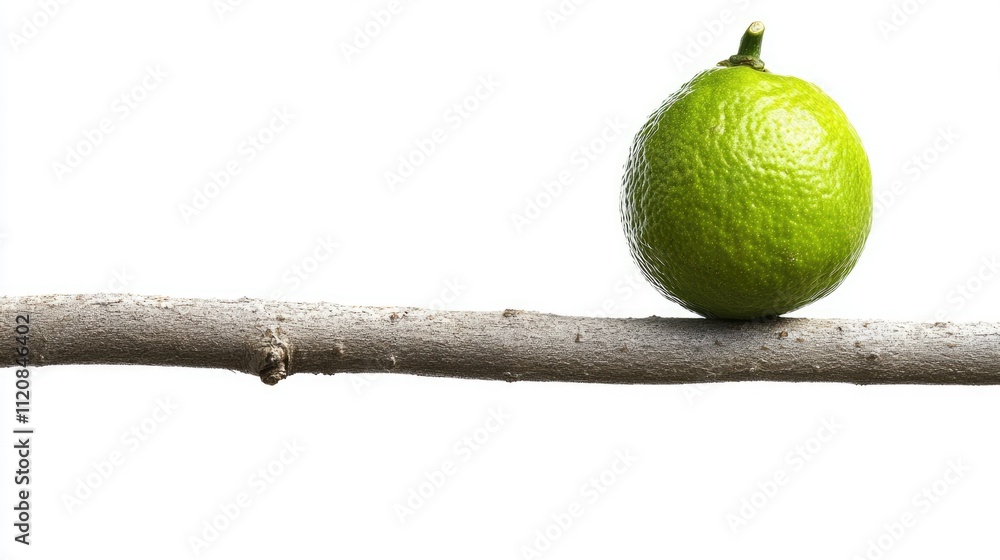 Poster lime fruit perched on a rustic tree branch isolated on a pure white background highlighting natural 