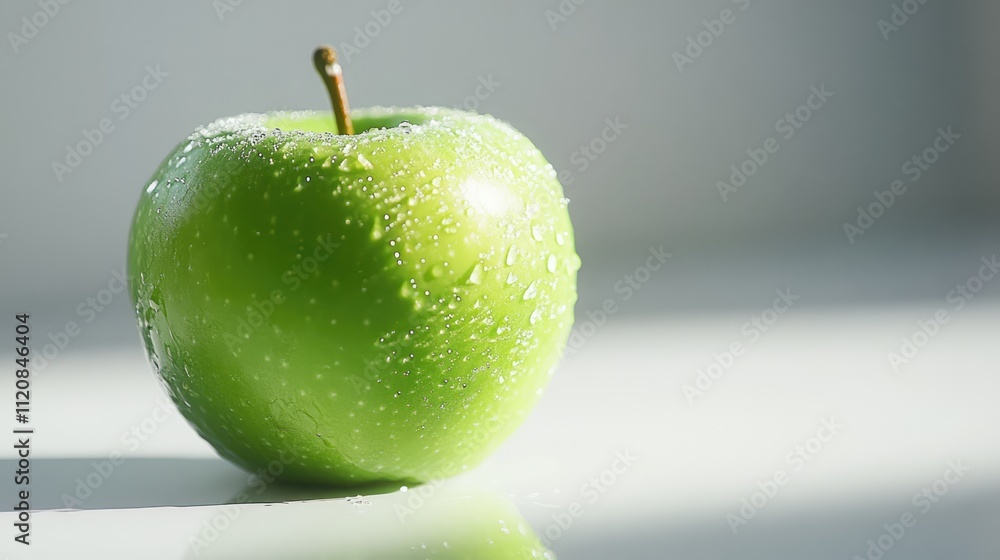 Poster fresh green apple with water droplets on a white background highlighting its texture and vibrant col
