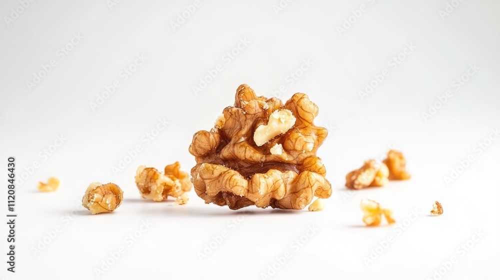 Aufkleber fried walnut kernels on a clean white background showcasing their texture and color in a culinary or