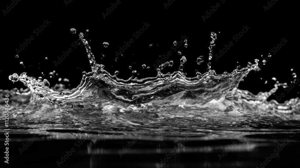 Poster dynamic black and white splash of pure water showcasing intricate liquid motion against a dark backg
