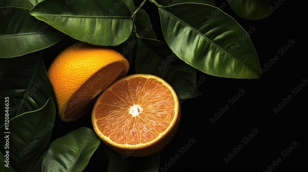 Poster grapefruit and leaves with vivid green hues set against a dark background highlighting the fruit's v