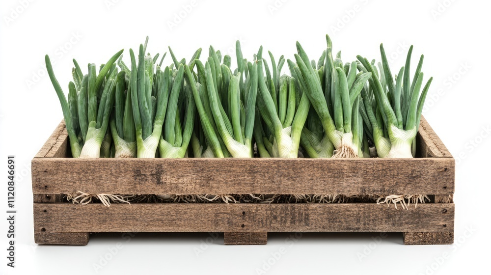 Poster fresh green onion bunches in a rustic wooden crate on a white background ideal for culinary or agric