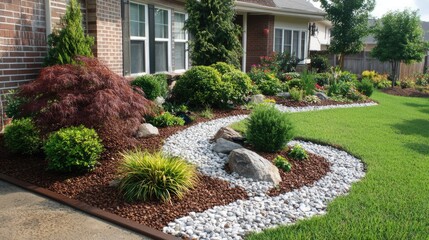 Elegant Front Yard Landscape Design Featuring Decorative Pebbles Lush Greenery and Rocks in a Serene Outdoor Setting