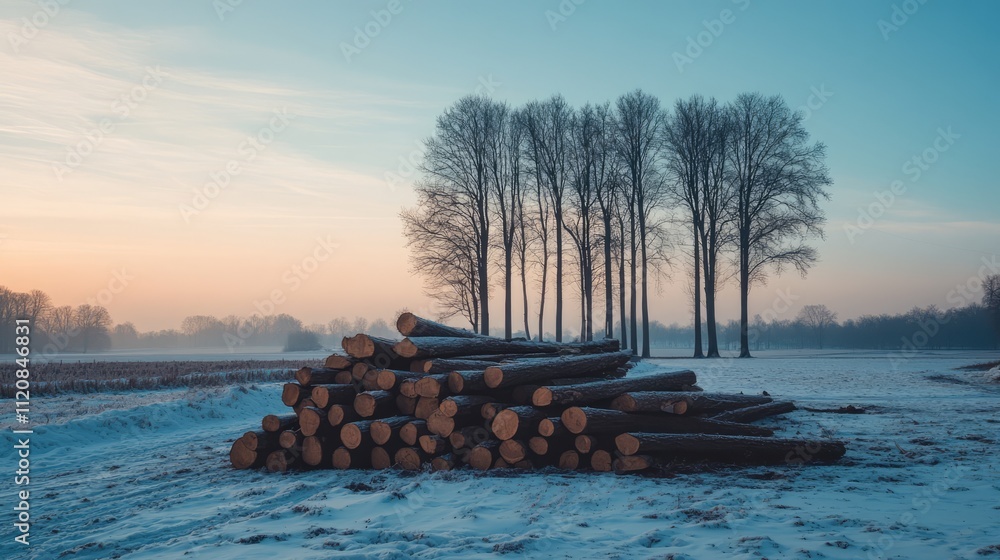 Poster chopped tree logs stacked in a snowy landscape with bare trees during sunrise in an industrial fores