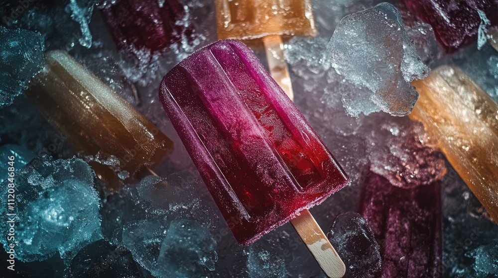 Poster vibrantly colored frozen ice pops nestled in crushed ice creating a refreshing summer treat display.