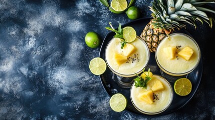 Refreshing Frozen Pineapple Cocktail with Lime and Fresh Garnishes on Dark Background