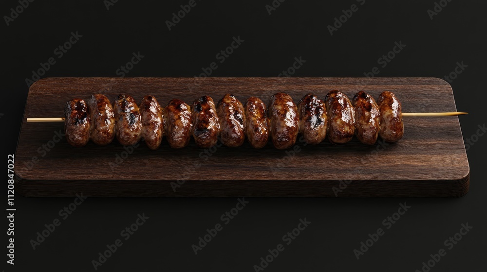 Poster grilled sausage skewers placed on a wooden board showcasing a delicious barbecue feast from a top vi