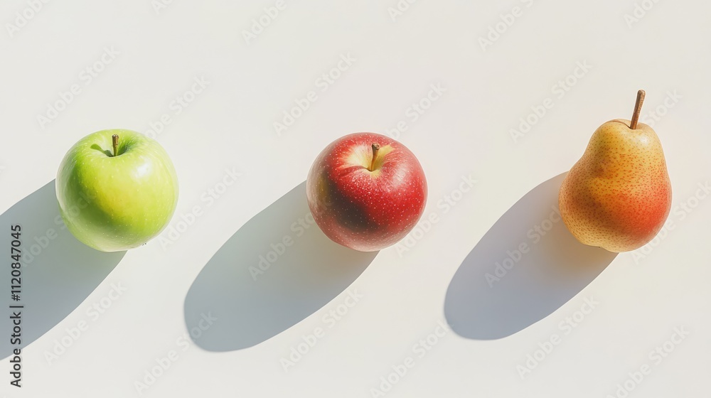 Poster fresh green apple red apple and pear arranged on light background showcasing healthy fruits with nat