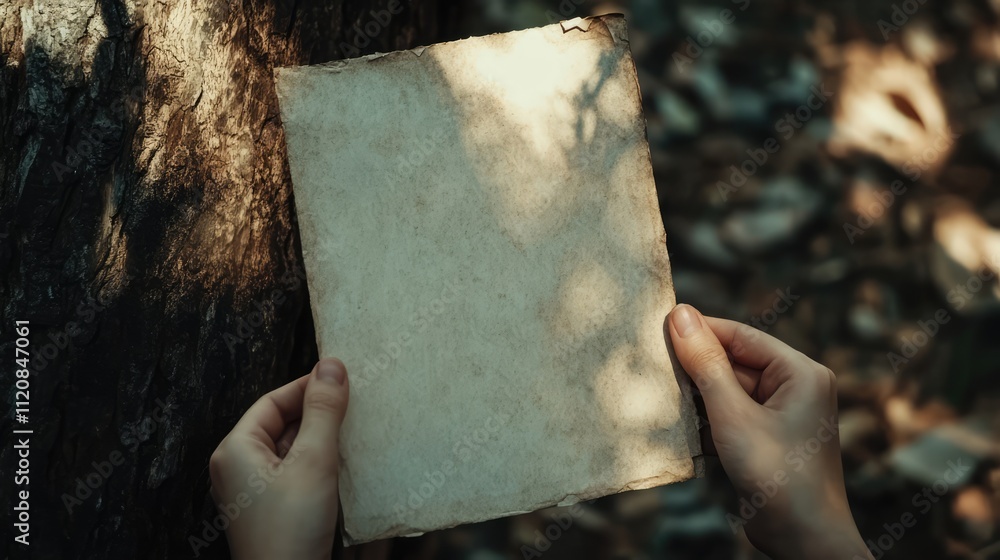 Aufkleber Hands presenting a vintage blank paper with natural background for text insertion and creative design mockups