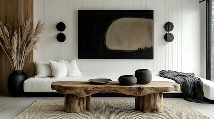 A serene farmhouse living space with white-washed walls, a vintage wooden console table adorned with antique decor, sleek modern sconces casting warm light, a woven rug,