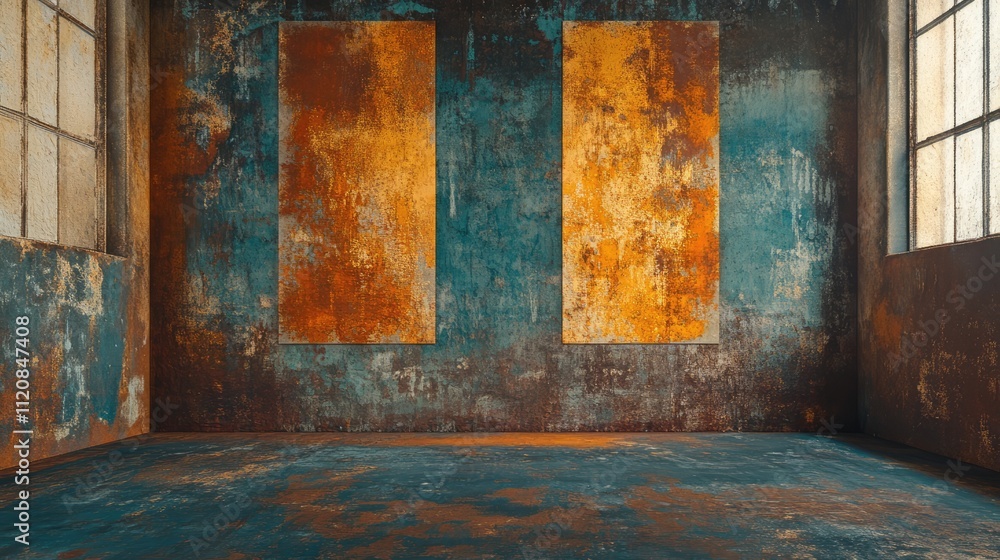 Poster grunge textured interior with rusty walls and natural light creating an industrial atmosphere for un