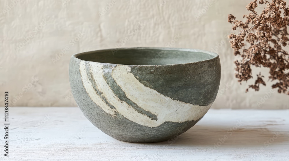 Aufkleber handmade wabi sabi grey clay bowl with abstract green pattern and dried flowers in natural setting