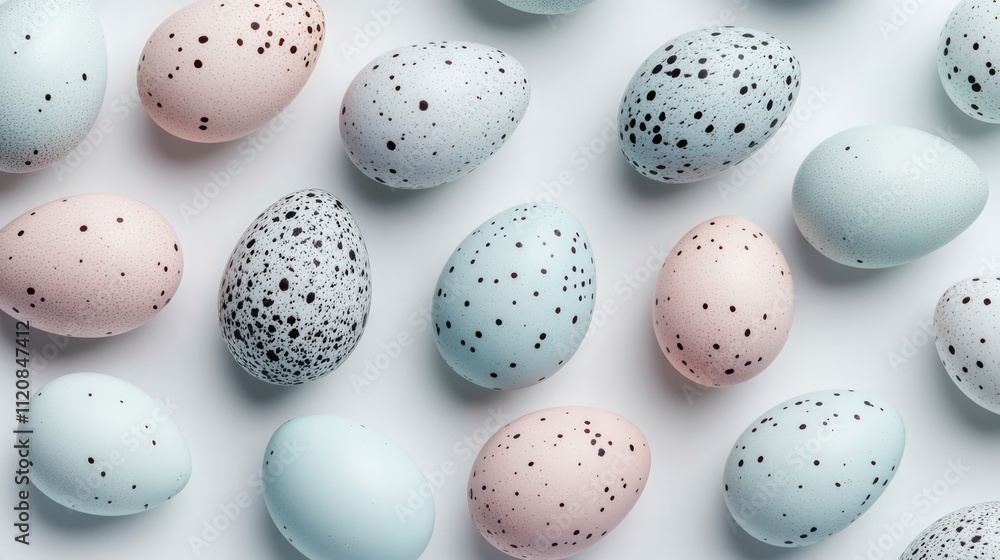Poster decorative assortment of speckled quail eggs in pastel colors arranged on a clean white background f