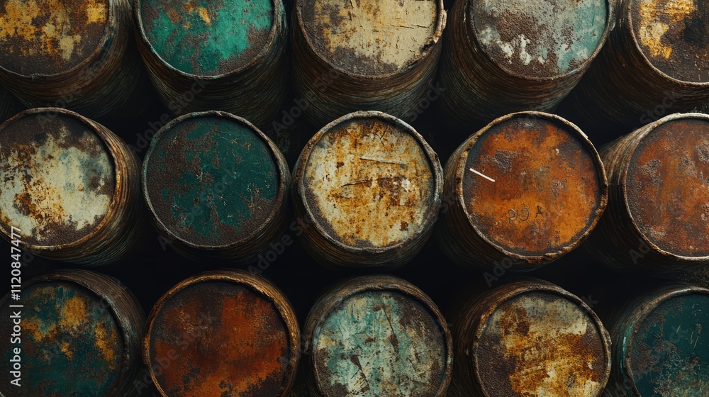 Poster Stack of weathered oil drums showcasing rust and decay in an industrial setting emphasizing texture and color contrasts.