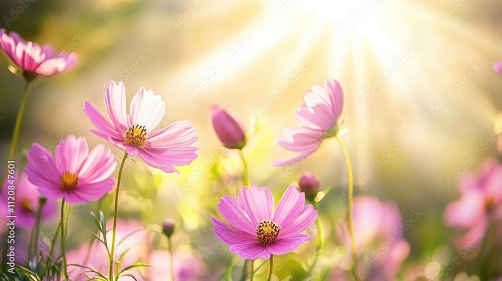 Poster delicate pink flowers glowing in sunlight surrounded by a tranquil natural backdrop creating a seren
