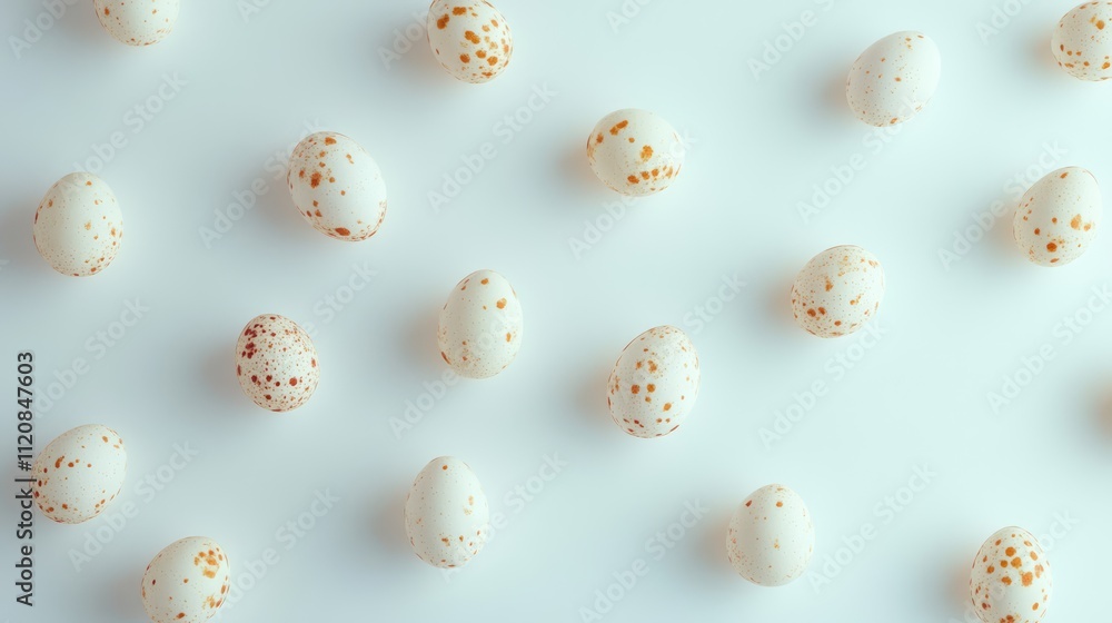 Poster Quail eggs arranged aesthetically on a white background showcasing their unique speckled patterns and textures