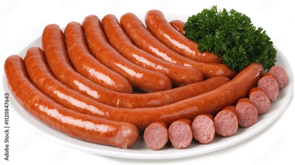 Poster grilled pork sausages arranged on a white plate garnished with fresh parsley ready for serving in a 