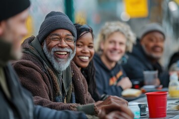 Diverse homeless individual sharing meal, warmth and connection