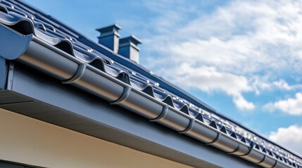 Rain gutters on a warehouse roof against a blue sky showcasing architectural detail and ample copy space for marketing needs
