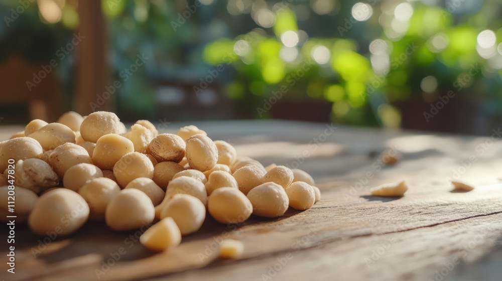 Poster macadamia nuts scattered on a rustic wooden table with a blurred natural background highlighting the
