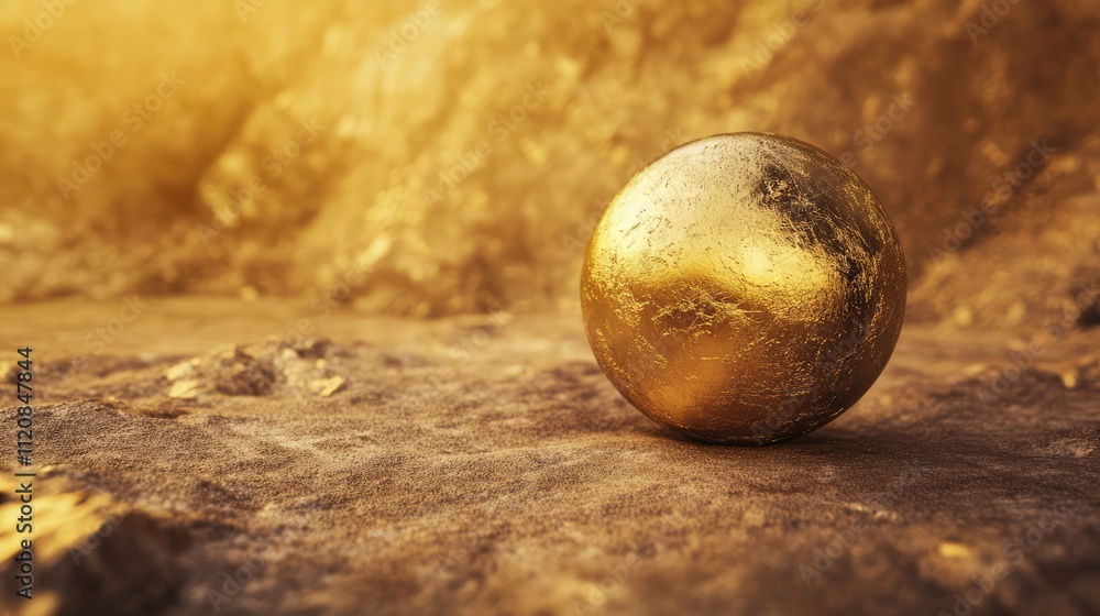Aufkleber Golden sphere resting on a rocky surface illuminated by warm light creating a dramatic and luxurious ambiance in a natural setting