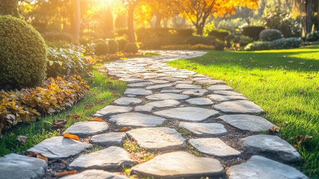Autumn garden path with sunlit stone walkway surrounded by vibrant trees and manicured greenery in a serene landscape setting - Powered by Adobe