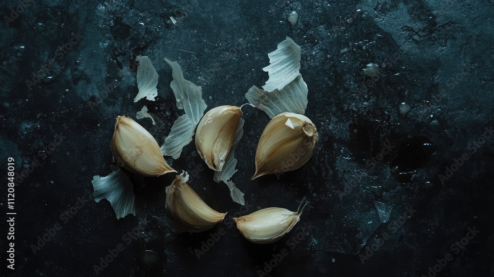 Poster garlic cloves scattered on a dark textured surface with peels creating a moody culinary scene for fo