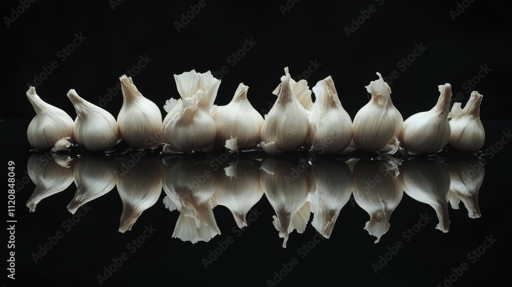 Poster garlic bulbs arranged in a row with reflection on a black background showcasing their texture and el
